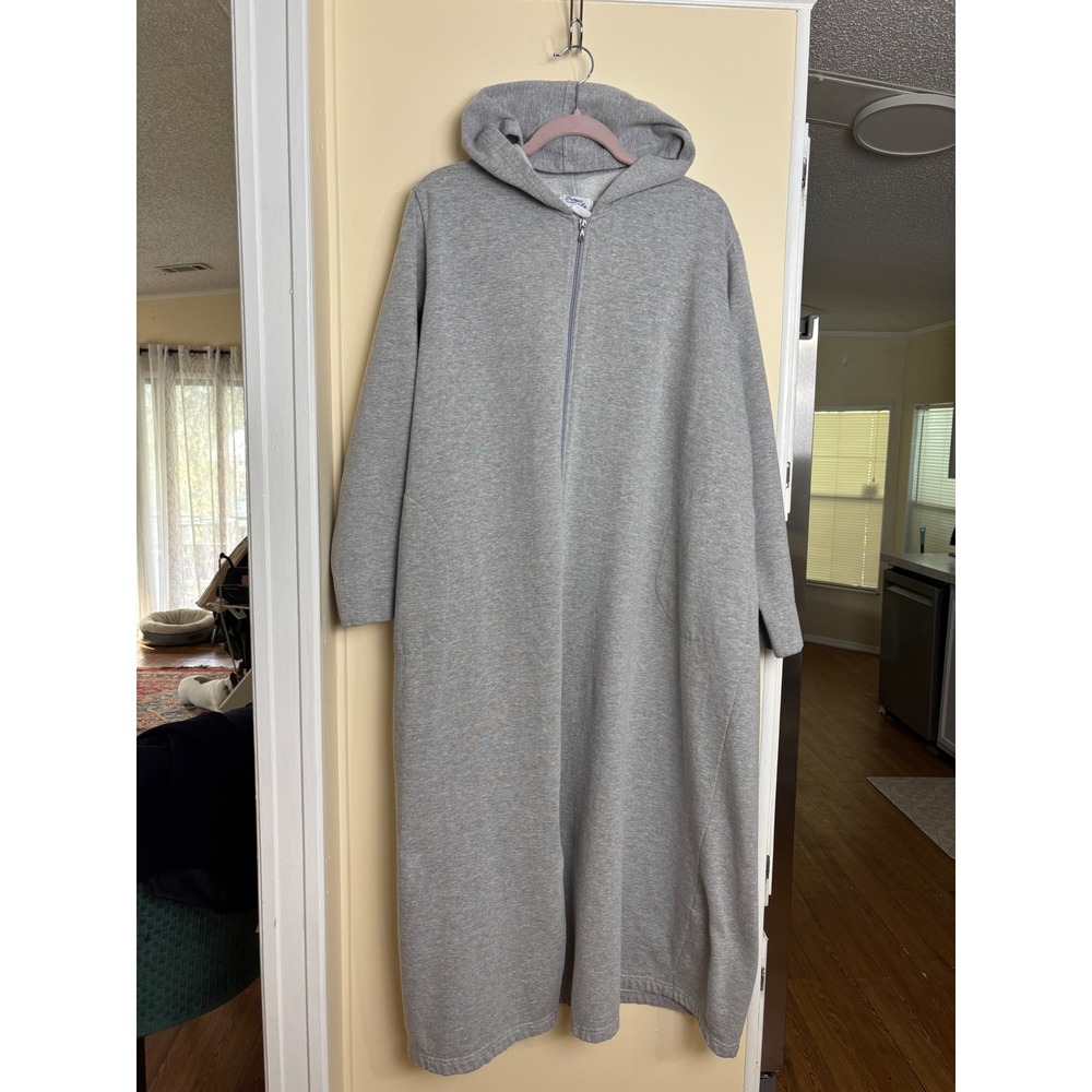 Dreams & Co Womens 1X Heather Gray Fleece Full Zip Hooded Long Robe House Coat